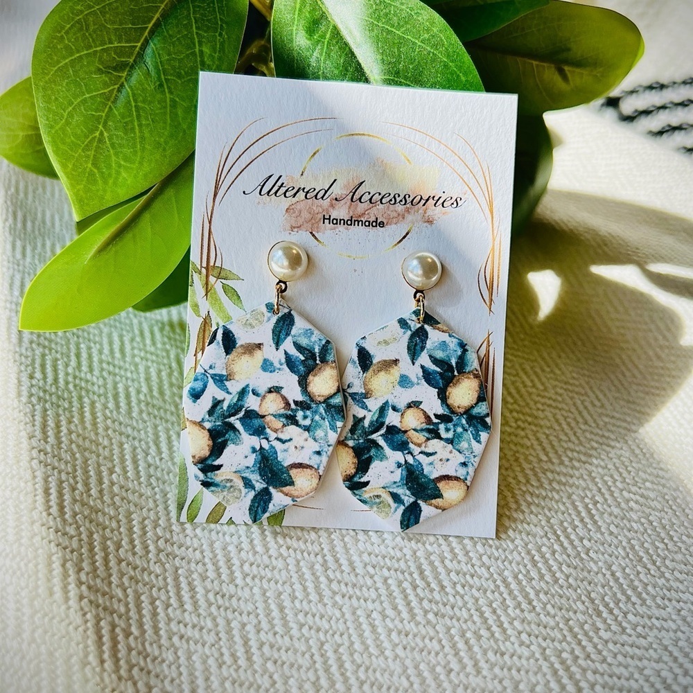 2/$30 Handmade Lemon Print Pearl Stud Earrings